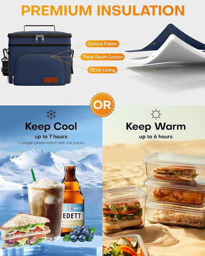 HOTOR Insulated Lunch Box Men Women Leak-Proof Cooler Lunch Bag 9L | 4 Pockets, Adjustable Strap, Ideal for Work, Picnic, Travel, Camping, Gift, Navy Blue
