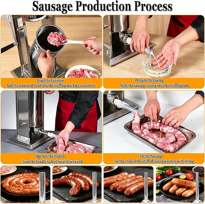 CTJ Sausage Stuffers Stainless Steel Sausage & Churro Maker 3L/7Lb | Manual 2 in 1 Sausage Stuffer & Churro Maker, 2-Speed Adjustable Vertical Sausage Maker, 4 Stuffing Tubes & Churros Nozzle