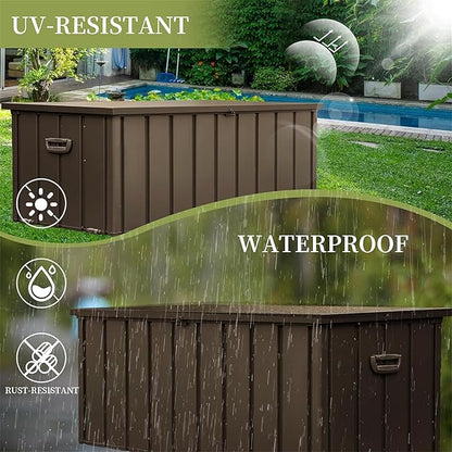 120 Gallon Outdoor Deck Box Lockable Metal Indoor Outdoor Storage Container with Side Handle, Waterproof Storage Box with Rolling Castors for Patio Garden Tools, Pools Equipment, Cushions, Brown