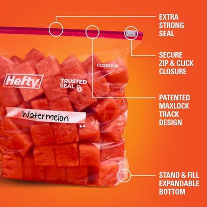 Hefty Slider Storage Bags, Gallon Size, 66ct | Bulk Pack, Gallon Storage Bags for Food, Snacks, Toiletries, and More, Writable Label, Stand and Fill, Secure Slider Closure