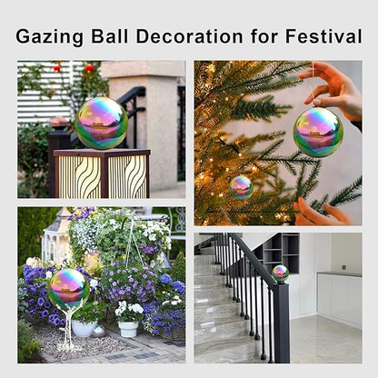 Nerien Gazing Ball, 3.9" Stainless Steel Garden Mirror Globe, Polished Ornament Sphere, Hollow Floating Reflective Hemisphere, Home Outdoor Pond Housewarming Swimming Pool Decoration, Rainbow, 2pcs