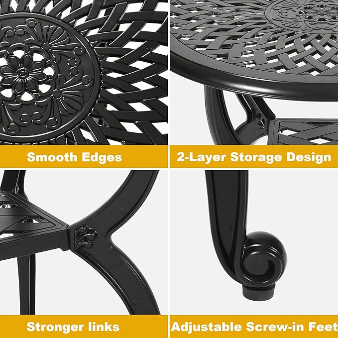 Cast Aluminum Outdoor Side Table,Small Patio Table,Outdoor Coffee Tables for Patio,Garden,Balcony, for All Weather (Black, Round)