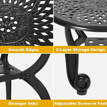 Cast Aluminum Outdoor Side Table,Small Patio Table,Outdoor Coffee Tables for Patio,Garden,Balcony, for All Weather (Black, Round)