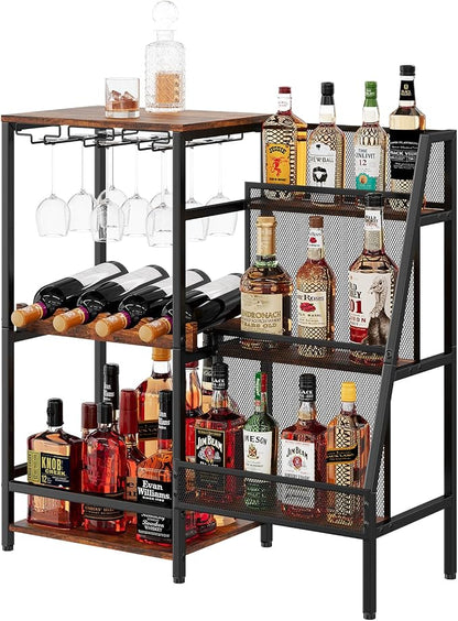 Versatile Liquor Stand for Home Bar, Wine Rack Freestanding Floor, Mini Bar Table for Liquor Whiskey Wine, 3-Tier Trapezoidal Liquor Bottle Display Shelf with Glass Holder and Fences(Patent Pending) | 3-Tier Display, 3 Glass Holder Rows, 4-Bottle Rack:...
