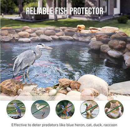 Pond Netting Cover for Leaves, 28 x 30 Koi Pond Net Cover, Durable & Sturdy Pond Netting for Koi Ponds, Protect Koi Fish Against Herons, Raccoons, Cats & Predators, 14pcs Stakes Included