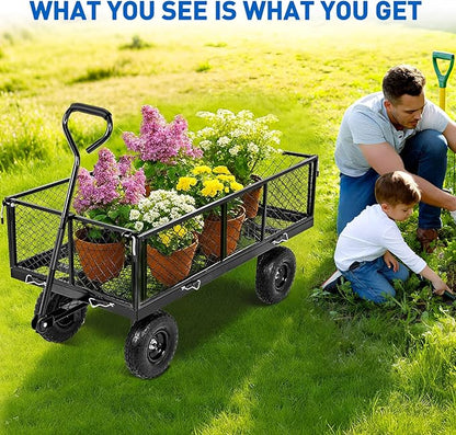 Yesker Steel Garden Carts - 1100lbs Dump Wagon with All Terrain Inflatable Wheels for Yard Lawn Farms Gardening - Heavy Duty Utility Outdoor Hauling Wheelbarrow