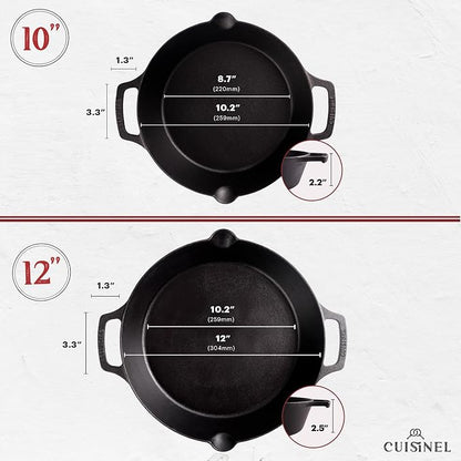 Cast Iron Skillet Set - 10" + 12"-Inch Dual Handle Frying Pans + Silicone Handle Holder Covers + Pan Scraper - Pre-Seasoned Oven, Grill, Stovetop, Induction Safe Kitchen Cookware - Indoor/Outdoor Use
