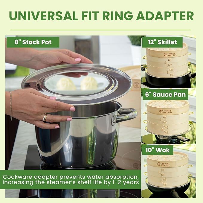 Bamboo Steamer 10 Inch - Dumpling Steamer Basket 2 Tier, Bamboo Steamers For Cooking Dumplings, Bao Bun, Dim Sum, Rice Potsticker & Veggie Food Steaming Basket with Steel Rims, Handles & Accessories