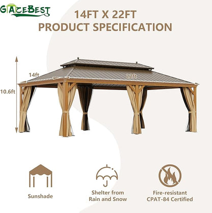 14'x22' Hardtop Gazebo, Outdoor Aluminum Galvanized Steel Wooden Finish Coated Double Roof Canopy with Netting and Curtains for Garden Patio, Backyard, Deck and Lawns.