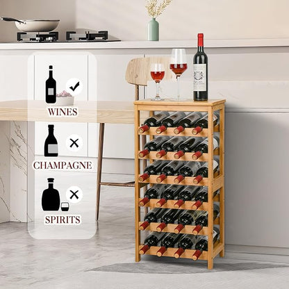 VASMIA Wine Rack Free Standing Floor, 6-Tier Display Wine Storage Shelves with Table Top, 24-Bottle Bamboo Wine Rack Shelf for Kitchen Bar Dining Room Living Room, Natural