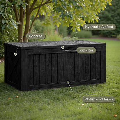 Flamaker Resin Deck Box 120 Gallon Waterproof Large Outdoor Indoor Storage Box Imitation Wood Resin for Patio Furniture Garden Tools and Pool (Black)