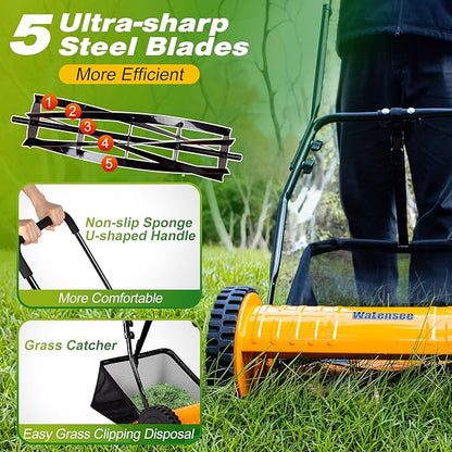 Walensee 14-Inch 5-Blade Push Reel Lawn Mower, Cordless Manual Reel Lawn Mower Walk-Behind Steel Lawn Mowers with Removable 6.7-Gallon Grass Catcher, Sponge Grip, 4-Position Cutting Height Adjustment