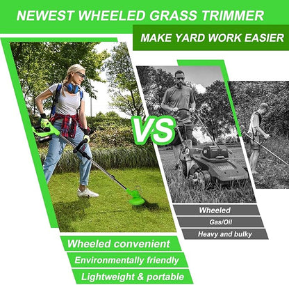 Electric Weed Wacker Cordless Eater 2 Battery,Foldable and Lightweight Grass Trimmer/Brush Cutter,5 Types Blade&Wheels 21V 4.0Ah Battery (2 Pieces) Powered for Garden and Yard (Foldable)