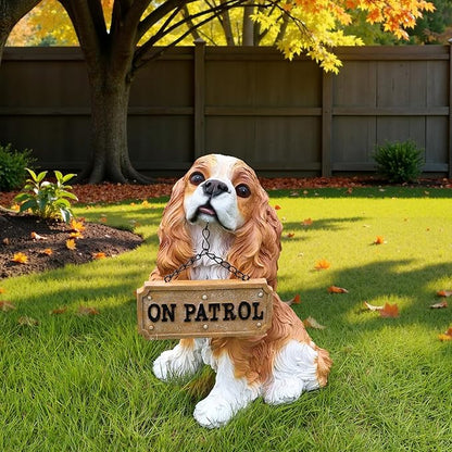 Cavalier King Charles Spaniel Outdoor Dog Statue with Reversible “Welcome/ON Patrol” Hanging Plaque and Solar Porch Lantern, Brown & White Sitting