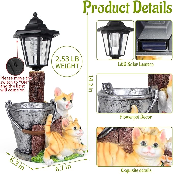 Solar Cat Outdoor Statues, Garden Sculptures with Flowerpot Decor & Solar Lantern for Yard Art Lawn Ornaments Porch Patio Balcony - Idea Gifts for Women Mom Grandma