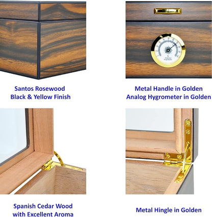 Cigar Humidor - Holds 25-50 Cigars - Spanish Cedar Wood - Tempered Glass Top Display - Metal Handle, Divider, Humidifier, Hygrometer - Santos Rosewood