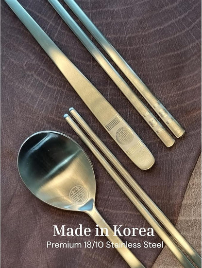 ONGI Korean Spoon and Chopstick 2 Set – Premium 18/10 Stainless Steel – Double Happiness Design – Gift-Ready – Made in Korea – Dishwasher Safe (Hee Pattern Silver 2 Set)