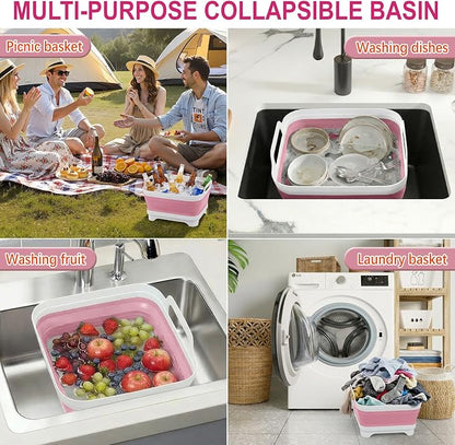 Yecuip Collapsible Baby Bottle Wash Basin w/Drying Rack & Drain Plug, Pink | 2.4 Gallon Foldable Dish Tub w/Handles,Portable RV Camping Sink & Space-Saving Wash Bin with Lid for Kitchen,Travel & Outdoor