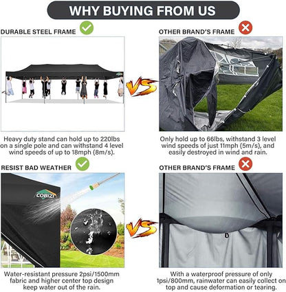 COBIZI 10x30 Pop up Canopy Tent 10x30 Canopy with 8 Sidewalls Waterproof Heavy Duty Commercial Tent for Parties Outdoor Garden Gazebo, Carry Bag with Wheel(10x30ft, Black)
