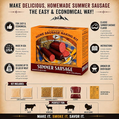Hi Mountain ORIGINAL Summer Sausage Kit | Complete sausage seasoning kit. Includes: Seasoning, cure & 10 casings. Beef, pork, venison, deer, elk. Makes up to 30 lbs
