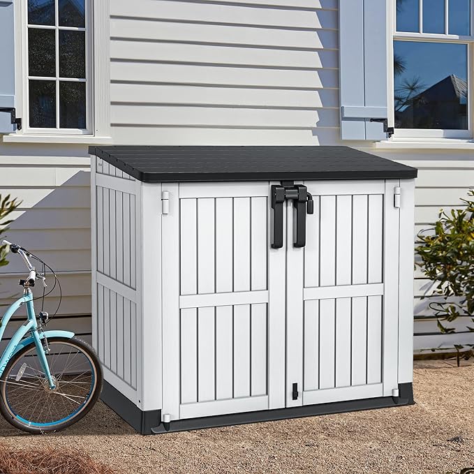 YITAHOME 36 cu ft Resin Outdoor Storage Shed, Weather-Resistant Horizontal Tool Shed, Waterproof Outdoor Storage with Lockable Doors & Air Vent for Trash Cans, Garden Tools (Light Gray)