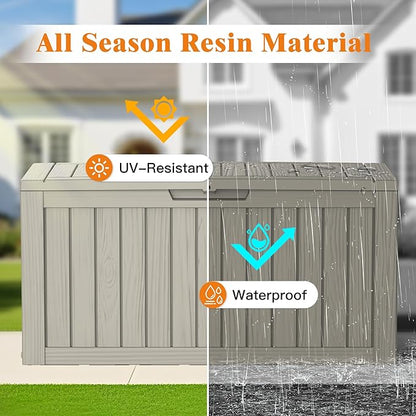 72 Gallon Outdoor Storage Box, Waterproof Deck Box with Handles and Lockable Lid, Resin Patio Storage Box with Hydraulic Rods for Garden Tools, Cushions, Grey