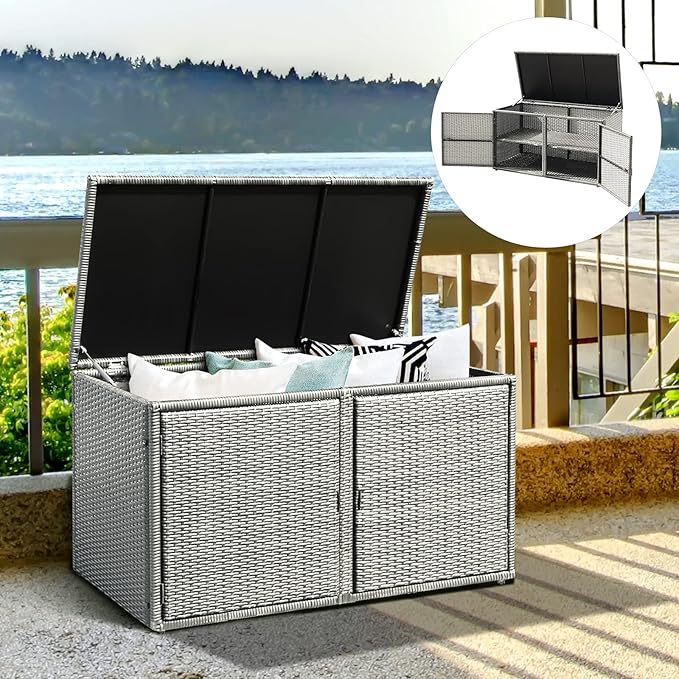 HAPPYGRILL Deck Box Outdoor Patio Pool Storage Box Outside Rattan Wicker Storage Bin Cabinet with Steel Frame Shelf for Garden Balcony Porch Yard Furniture Tools