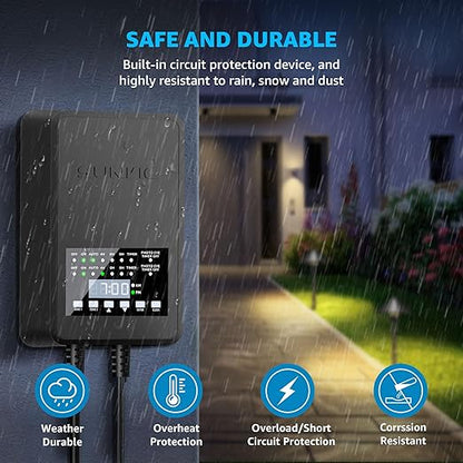 SUNVIE 300W Low Voltage Landscape Transformer with 2 Independent Control Output Landscape Lighting Transformer with Timer and Photocell Sensor 120V AC to 12/14V AC Weatherproof Low Voltage Transformer