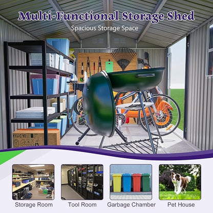 10X8 FT Outdoor Storage Shed,Metal Shed W/Window,Floor Frame & Lockable Swing Door,Garden Tool House W/ 4 Air Vents & Sloped Roof,for Backyard Patio Lawn,Gray