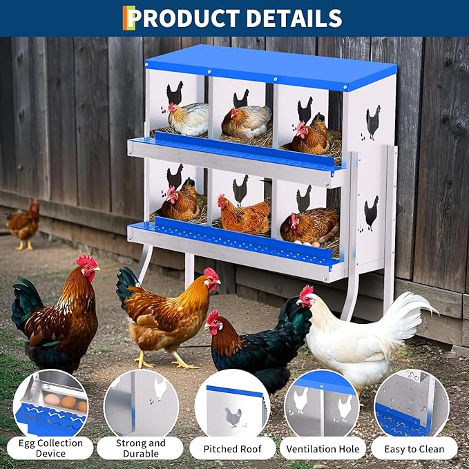 6 Compartment Chicken Nesting Box, Wall Mount Hen Laying Boxes with Legs & Removable Trays, 6-Hole Galvanized Steel Metal Hanging Poultry Nest for Backyard, Farms, and Chicken Coop, Egg Collection