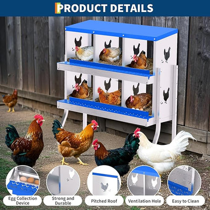 Chicken Nesting Boxes,6 Compartments Galvanized Steel Metal Laying Boxes with Leg,Pull-Out Egg Box Easy Egg Collection & Clean,Wall Mount Suitable for Farm Chicken House,Blue