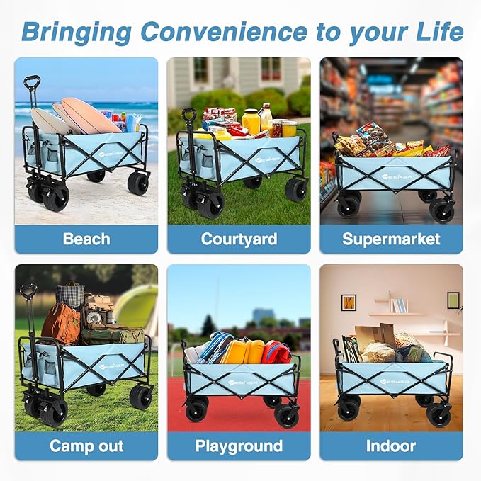 Yesker Foldable Wagon - 300lbs Collapsible Garden Carts with All Terrain Wheels for Outdoor Camping Sports Shopping Gardening - Heavy Duty Portable Utility Trolley (Blue)