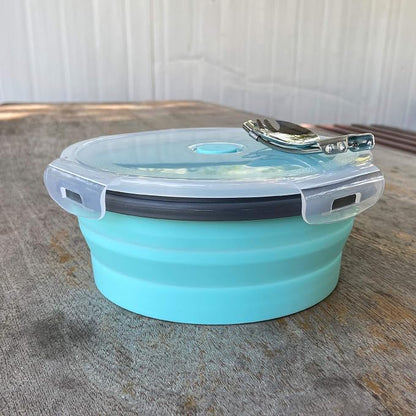 CCyanzi 1200ml Collapsible Camping Bowl Silicone Food Storage Container with Lid and Foldable Stainless Steel Fork Spoon, for Picnic, Travel, Camping, RV, Fridge and Microwave Bowls