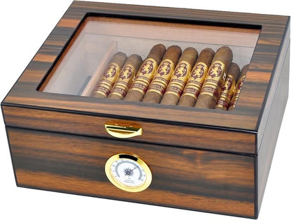 Cigar Humidor - Holds 25-50 Cigars - Spanish Cedar Wood - Tempered Glass Top Display - Metal Handle, Divider, Humidifier, Hygrometer - Santos Rosewood