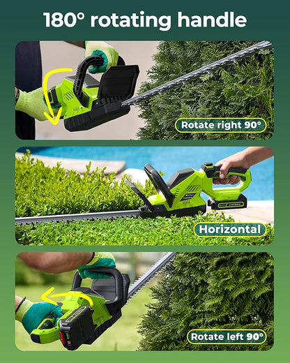 20'' Hedge Trimmer Cordless with Battery, 3000RPM Electric Handheld Bush Clipper with 2pcs 2000mAh Rechargeable Batteries, 180° Rotatable Head, 2/3'' Blade Gap Green
