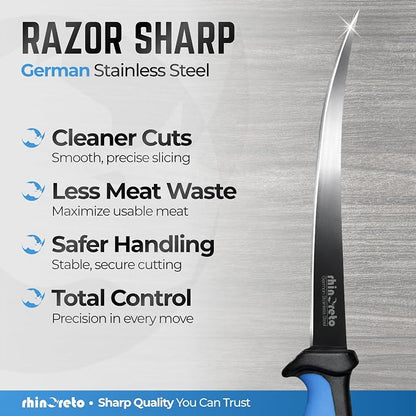 Rhinoreto Fillet Knife for Fish - Razor Sharp G4116 German Stainless Steel Blade, 7 Inch Professional Filleting & Boning Knife with Non-Slip Handle, Protective Sheath & Sharpener