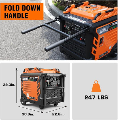 GENMAX Tri Fuel Generator,10500-Watt 458cc Tri Fuel Gasoline Propane Natural Gas Portable 50A Generator with Remote Start,Ideal for Home backup power.