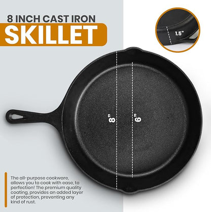 Utopia Kitchen Cast Iron Skillet 8 Inch with Lid Chefs Frying Pan Black | Chefs Pan, Pre Seasoned Skiller, Indoor and Outdoor Use, Grill Safe Cookware, Even Heat Distribution, Durable