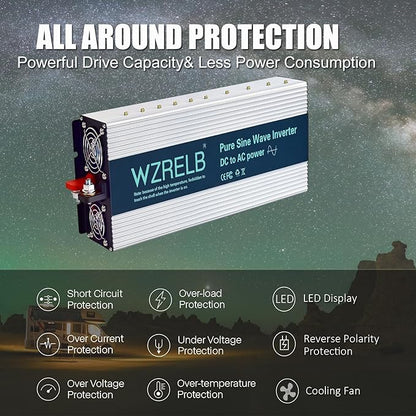 WZRELB 4000W Pure Sine Wave Inverter 12V DC to 110V 120V AC Power Converter with LED Display, Hardwire Terminal,Off-Grid Portable Power Inverter with Dual AC Outlets for Home, RV, Truck, Camping