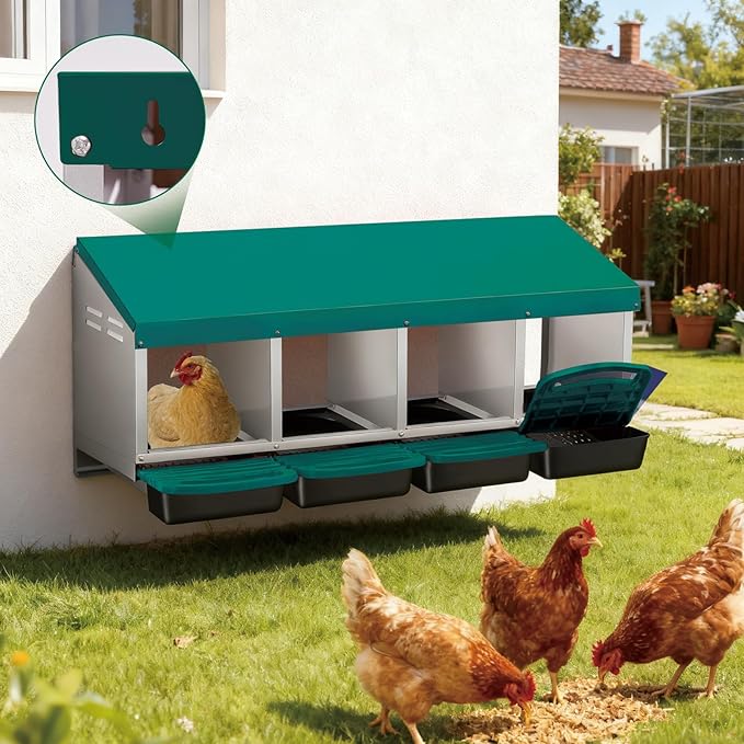 Chicken Nesting Boxes with Rollout Egg Collection – 4-Compartment Metal Hen Nest Box with Removable Trays, Slanted Roof & Ventilation, Wall Mount or Standing for Backyard Poultry Coop, Green