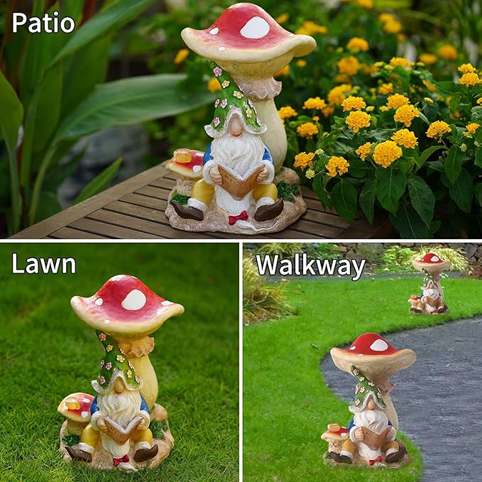 Upgraded Size Solar Garden Outdoor Statues Gnome Reading Under Mushroom with 5 LED Solar Figurine for Lawn,Patio,Balcony,Yard Decor Unique Housewarming Gift for Grandfather, Father,Grandma,Wen