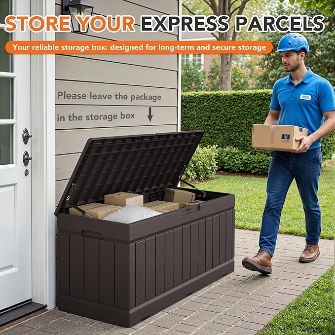 78 Gallon Deck Box Outdoor Indoor Waterproof Storage Box for Patio Furniture, Pool Accessories, Garden Tools, and Cushion Storage, Brown