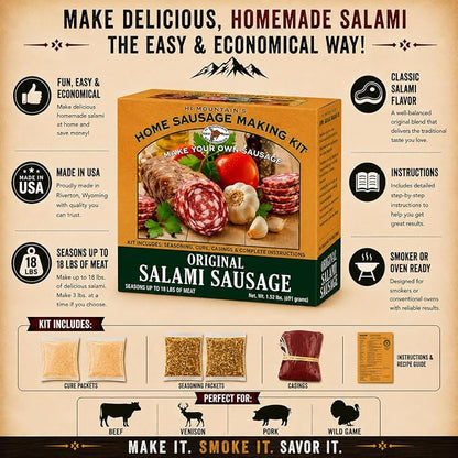 Hi Mountain SALAMI Seasoning Kit | Complete Salami-making kit with seasoning, cure & 10 casings. Beef, pork, venison, deer, elk & wild game. Makes up to 18 lbs