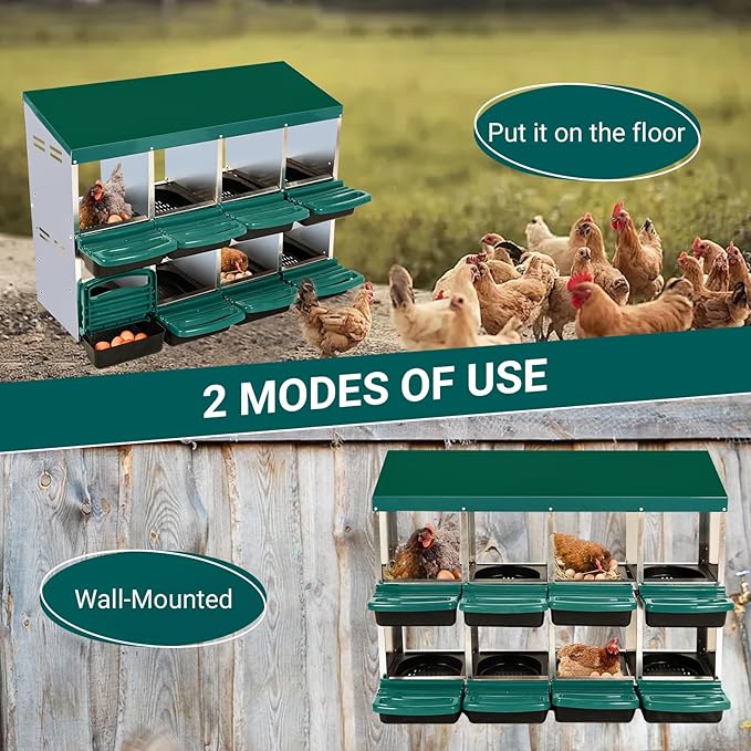 Chicken Nesting Box, 8-Hole Metal Wall Mount Chicken Laying Boxes with Legs and Lid Cover, Easy to Assemble, Roll-Away Egg Design Nesting Boxes for Outdoor Chicken Coop & Farm Yard, Green