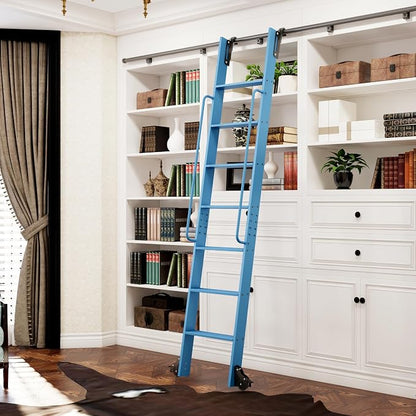 DIYHD 87" Rolling Library Ladder with Handrail, 4FT Sliding Rail, Blue | 7-Step lightweight ladder with space-saving upright storage, Telescopic top hooks, Locking bottom rollers, 300lbs capacity