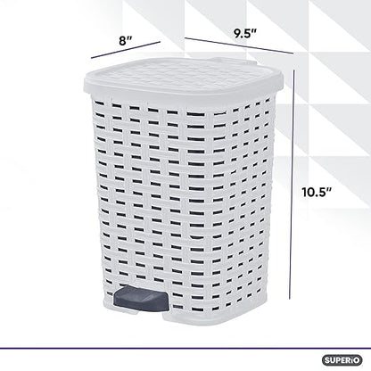 Superio Small Outdoor Trash Can with Lid for Dog Poop 1.5 Gallon/6 L Mini Plastic Garbage Can with Foot Pedal for Bathroom, Bedroom, Office, Patio, Wicker Smoke