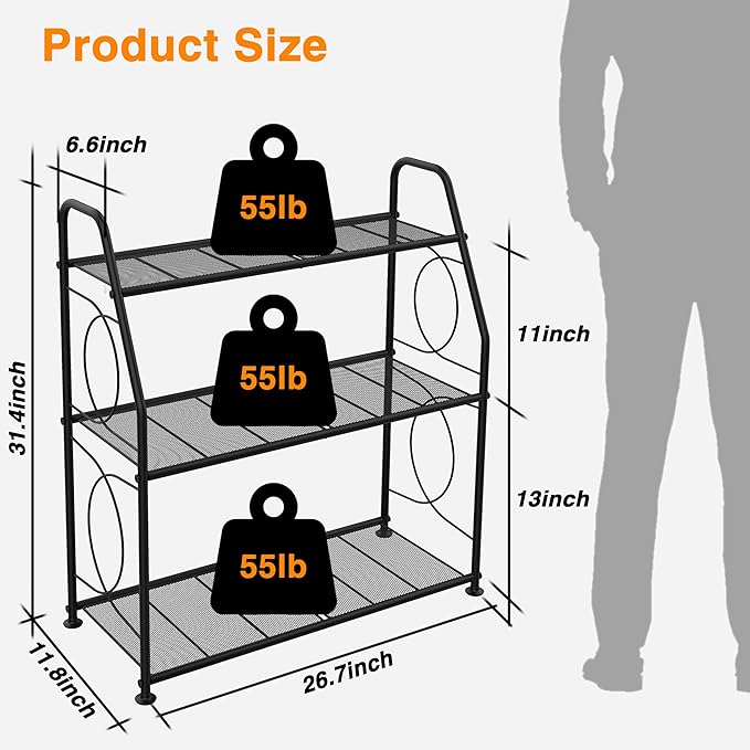 Plant Stand, 3 Tier Plant Shelf for Indoor Outdoor, Heavy Duty Metal Outdoor Plant Stand Holder Rack for Living Room Balcony and Garden, Black