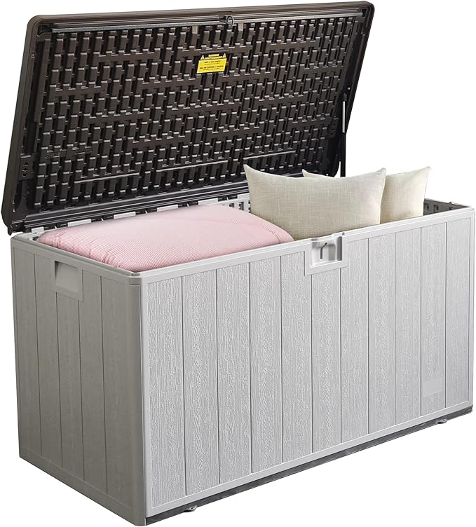 110GAL Brown Blow - Molded Outdoor Deck Box with Lock Hole - Waterproof, SGS - Protected from UV, Robust Storage for Large Garden Tools and Pool Equipment, Effortless Assembly