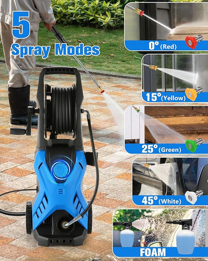 Electric Pressure Washer, 2.8 GPM High Power Washer Adjustable Pressure 2500PSI-5000PSI with 33FT Extension Hose Reel, 4 Nozzles and Soap Bottle for Cars/Fences/Driveways