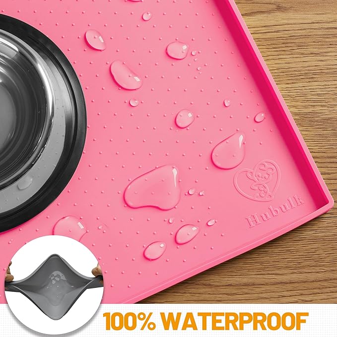 Hubulk Dog Feeding Mat,100% Waterproof Food Grade Silicone Pet Food and Water Bowl Placemat,Dishwasher, High Raised Edge to Prevent Spills,Nonslip Tray to Stop Messes on Floor (24"x16"x0.5", Pink)